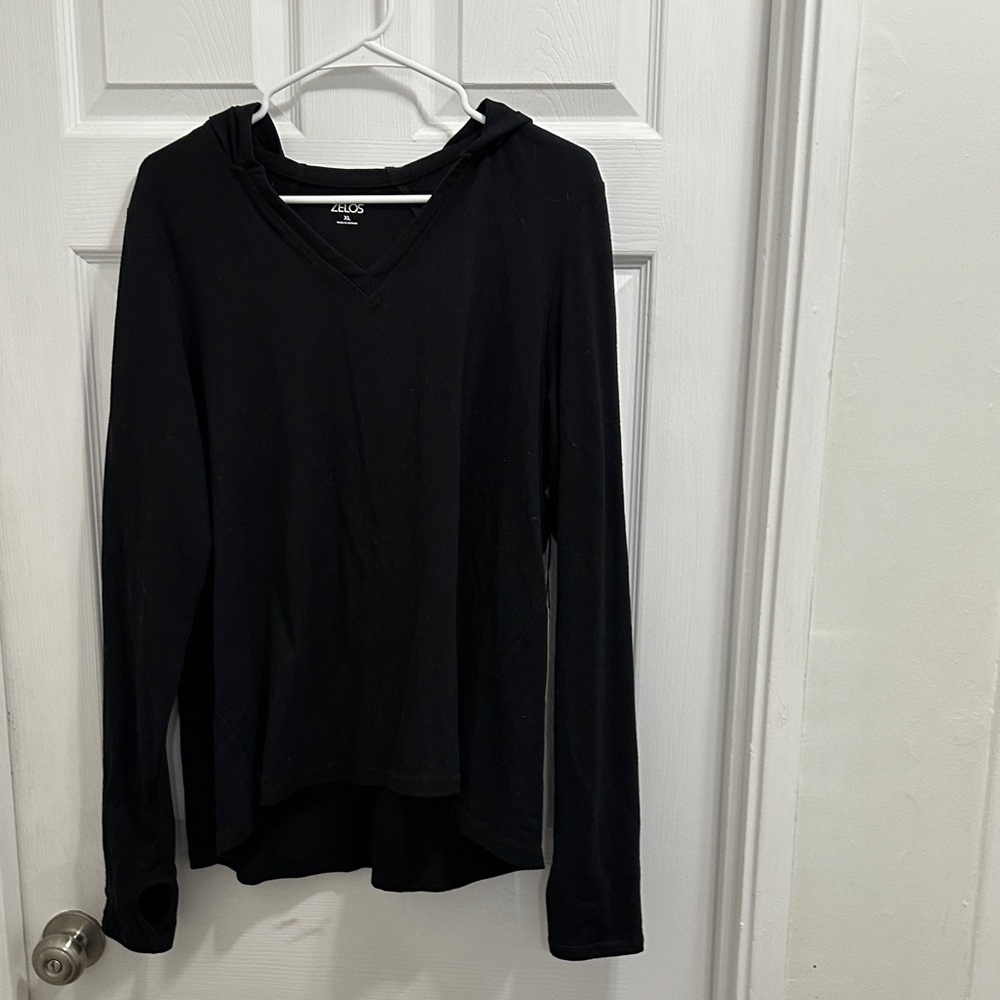 ZELOS Black V-Neck Hooded Pullover with Thumb Holes NWT